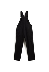 Zwarte katoenen tuinbroeken met verstelbare bandjes, twee voorzakken en een ontspannen pasvorm, met een eenvoudige uitstraling en zonder zichtbare hardwareaccenten.