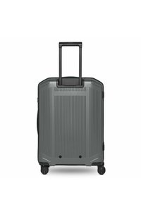 Valise rigide grise avec des rainures verticales, quatre roues noires pivotantes et une poignée télescopique noire déployée.
