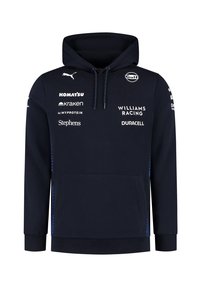 Granatowy hoodie wykonany z miękkiego materiału, z kieszenią kangurką, kapturem na sznurki oraz różnymi białymi logo sponsorów na przodzie i rękawach.