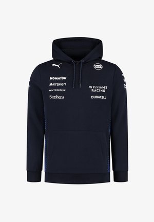 Granatowy hoodie wykonany z miękkiego materiału, z kieszenią kangurką, kapturem na sznurki oraz różnymi białymi logo sponsorów na przodzie i rękawach.