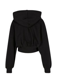 Zwarte cropped hoodie met een trekkoordcapuchon, lange mouwen en een elastische zoom. Gemaakt van zachte katoenstof, met een ontspannen pasvorm.