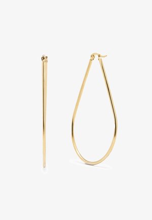 Zlaté kruhové náušnice s elegantným, zaobleným dizajnom. Hladký povrch, s tenkým profilom a lešteným finišom. Jednoduchý, elegantný tvar.