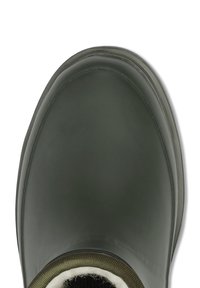 Zielone gumowe botki za kostkę o gładkim wykończeniu. Posiadają miękkie, białe futerko w kołnierzu i okrągły czubek.