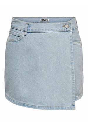 Lyseblå denim mininederdel med front overlæg, bæltestropper, lommer, knaplukning og "ONLY" mærke på taljen.