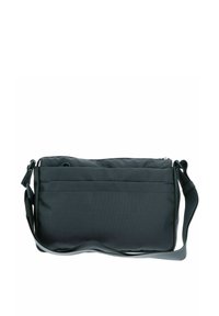 Borsa a tracolla grigio scuro con una superficie liscia e testurizzata, dotata di chiusura con zip e una tracolla regolabile. Design semplice e rettangolare.