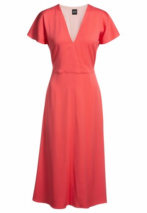 Coral dress with short flutter sleeves, deep V-neck, and a midi length. Made of smooth fabric with a fitted bodice and flared skirt.