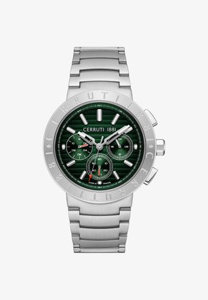 Steel chronograph watch with a green textured dial, three subdials, silver hour markers, and a stainless steel bracelet. Features brand inscription.