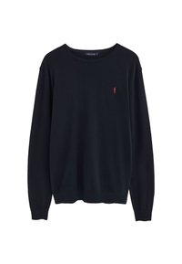 Schwarzer Langarm-Pullover mit Rundhalsausschnitt, gerippten Bündchen und Saum, mit kleinem, rot gesticktem Polospieler-Logo auf der linken Brust.