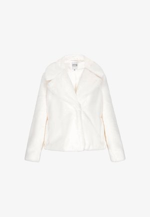 Chaqueta blanca de piel sintética con cuello, mangas largas y un diseño ligeramente recortado. Superficie texturizada con un aspecto suave.