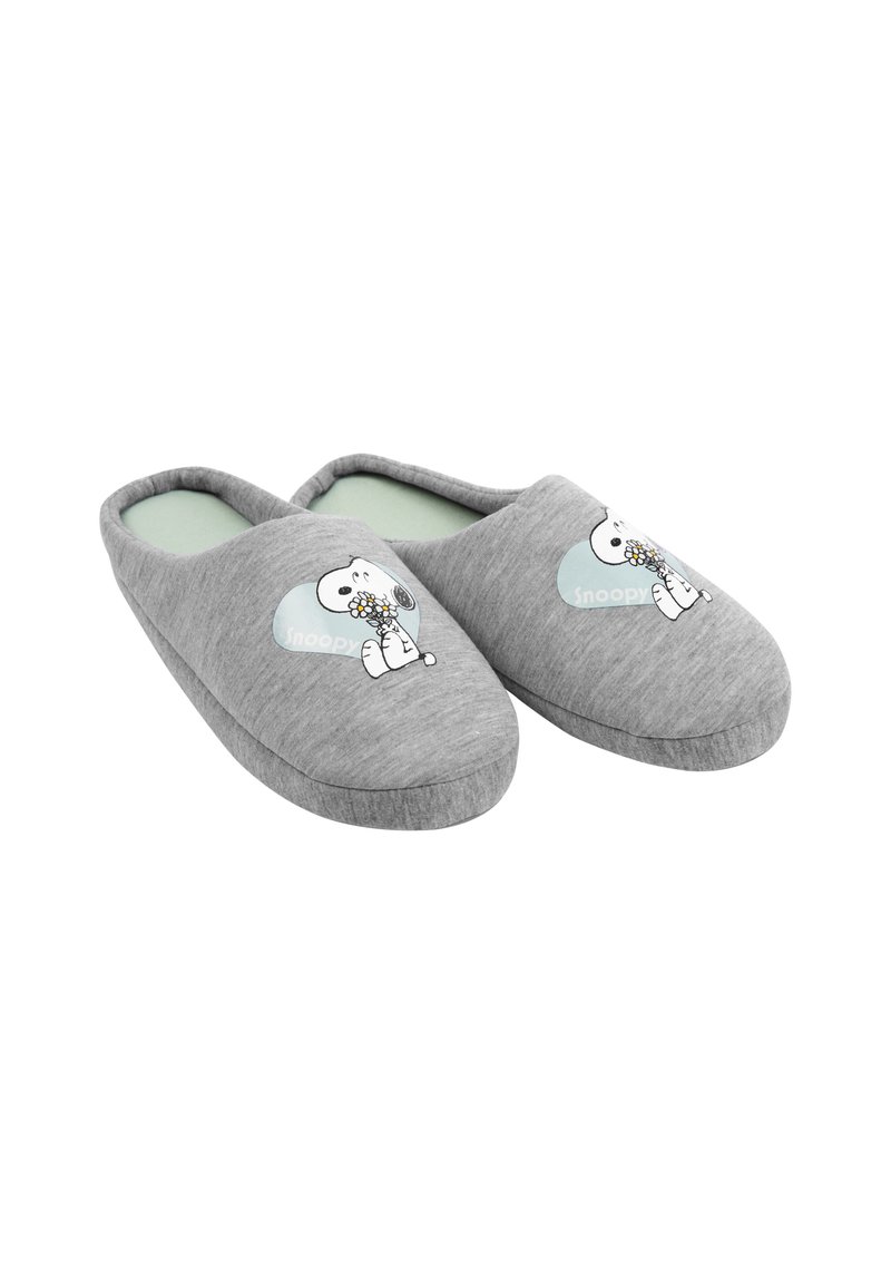 Gray fabric slippers with a rounded toe, featuring a Snoopy graphic holding flowers. Soft green inner lining and cushioned soles.