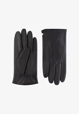 Schwarze Lederhandschuhe mit Fünf-Finger-Design, glatter Textur, gerafftem Handgelenksdetail und dezenten Nahtakzenten auf der Rückseite.