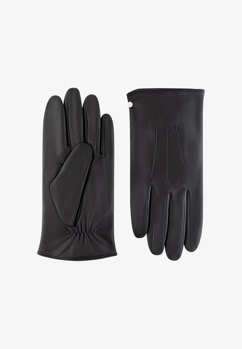 Schwarze Lederhandschuhe mit Fünf-Finger-Design, glatter Textur, gerafftem Handgelenksdetail und dezenten Nahtakzenten auf der Rückseite.