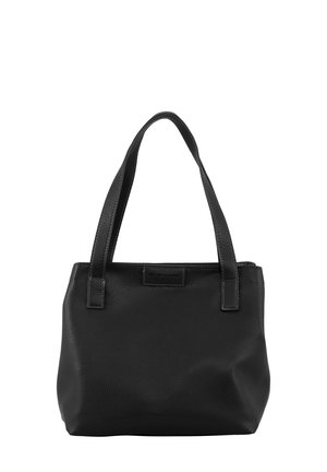 Schwarze Ledertasche mit doppelten Tragegriffen und Reißverschluss, mit feiner Struktur und kleinem rechteckigem Markenpatch auf der Vorderseite.