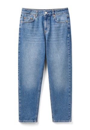 Lichtblauwe denim jeans met een relaxte pasvorm, rechte pijpen, twee zijzakken en knoopsluiting. Vervaagde gebieden voor textuurcontrast.