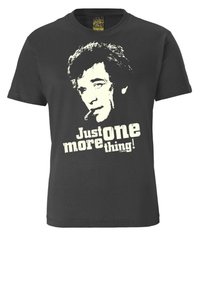 Black cotton t-shirt featuring a graphic print of a man with a cigarette and the text "Just one more thing!" in distressed white lettering.
