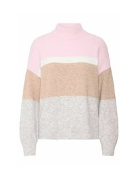 Pull coloré en blocs dans des teintes de rose doux, beige et gris clair. Il présente un col montant, une coupe décontractée et un tissu tricoté texturé.