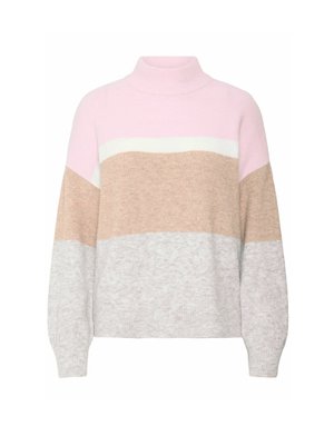 Color-blocked sweater in soft pink, beige, and light gray. Features a high neck, relaxed fit, and textured knit fabric.