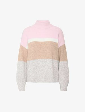 Color-blocked sweater in soft pink, beige, and light gray. Features a high neck, relaxed fit, and textured knit fabric.