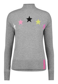 Pull gris à col montant, orné de cinq étoiles en rose, blanc, noir et jaune. Poignets et ourlet côtelés avec un accent rose.