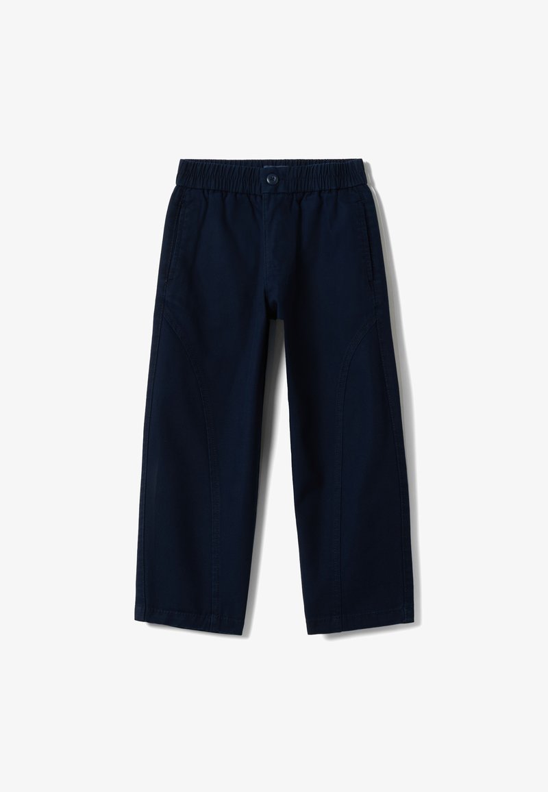 Navy blue elastic waist pants with button closure and straight legs, displayed against a white background.