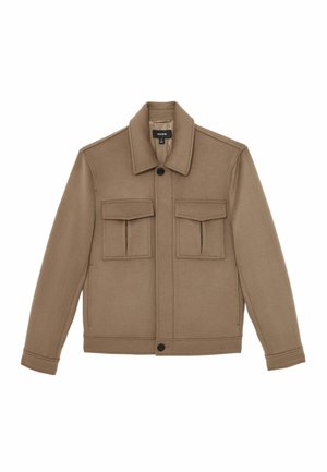 Hnědá vlněná bunda s knoflíkovým límcem, dvěma náprsními kapsami a bočními kapsami. Obsahuje rovný střih a minimalistický design.