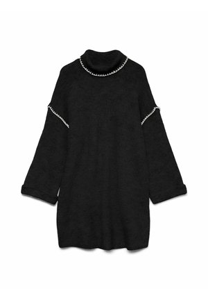 Black sweater dress with a high collar, wide sleeves, textured fabric, and contrasting light stitching along the collar and sleeves.