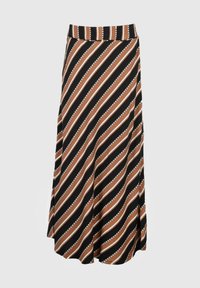 Une longue jupe avec des rayures diagonales marron, noir et blanc, dotée d'une taille ajustée et d'une silhouette fluide.