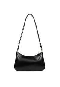 Sac à épaule en cuir noir avec une texture lisse, un design courbé, une bandoulière réglable et un subtil éclat. Doté d'une fermeture éclair et d'un style minimaliste.