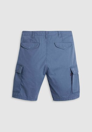 Blue cargo shorts with two back flap pockets and two side flap pockets, featuring belt loops and stitched hems.