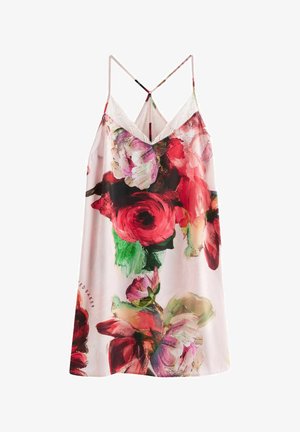 Lillelillase taimeprintidega satiinist kampsun, millel on erkroosa taust, elavad punased ja lillad lilled, reguleeritavad õhukesed rihmad ja pitsäärisega kaelus.