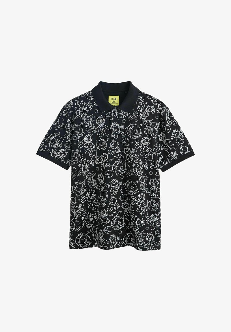 Polo noir à manches courtes avec des dessins en ligne blanche représentant un chat de dessin animé vintage dans diverses poses sur l'ensemble du tissu.