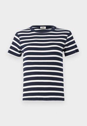 Navy blue and white striped t-shirt made of ribbed fabric, featuring a round neckline and short sleeves. Design emphasizes horizontal lines.