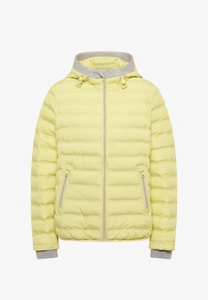 Gelbe wattierte Jacke mit grauer Kapuze, Front-Reißverschluss und zwei Seitentaschen. Verfügt über eine gesteppte Struktur und elastische Bündchen.