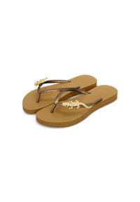 Brązowe klapki z teksturowaną, jasnobrązową podeszwą, z metalicznymi brązowymi paskami i dekoracyjnymi akcentami w postaci jaszczurek w złotym i białym kolorze na każdym pasku.