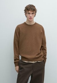 Brown knitted sweater with a crew neckline and ribbed cuffs, worn over a beige shirt, paired with dark brown trousers, minimalistic design.