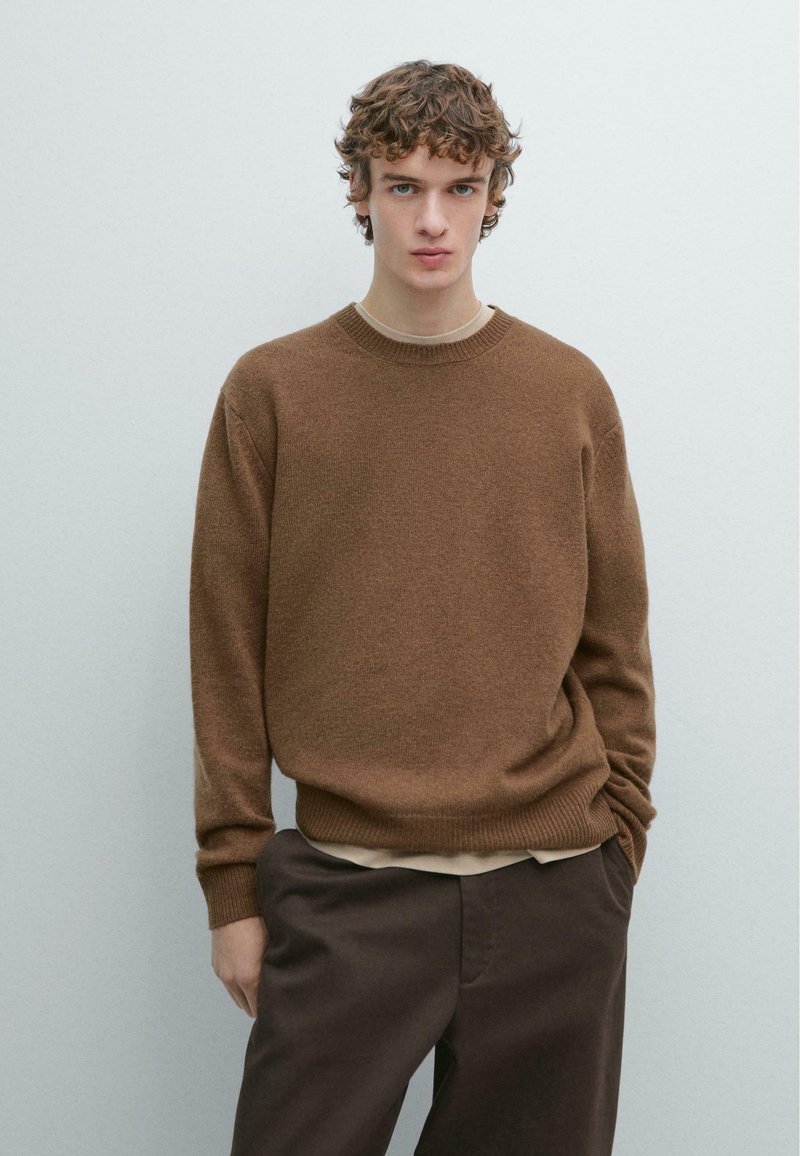 Brown knitted sweater with a crew neckline and ribbed cuffs, worn over a beige shirt, paired with dark brown trousers, minimalistic design.