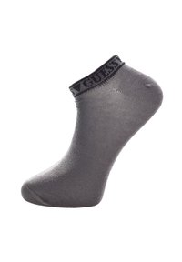 Chaussette grise jusqu'à la cheville avec une bande noire côtelée en haut, fabriquée dans un matériau lisse et fin, sans motifs ni accents visibles.