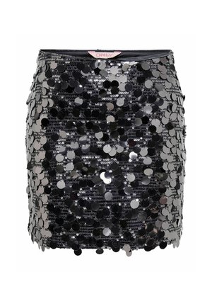 Mini gonna nera con paillettes, dal design aderente; presenta paillettes circolari riflettenti che coprono tutta la superficie; cintura elastica.
