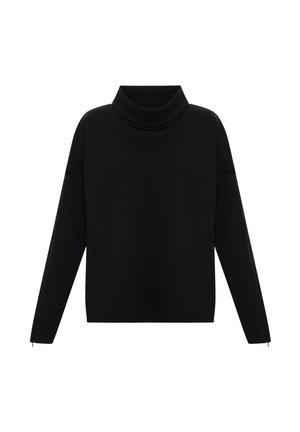 Schwarzer Rollkragenpullover aus weichem Material, mit langen Ärmeln, lockerer Passform und einem Reißverschlussdetail an den Bündchen.
