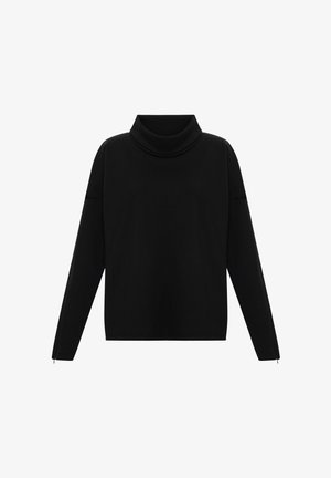 Czarny sweter z golfem, wykonany z miękkiego materiału, z długimi rękawami, luźnym krojem i zamkiem na mankietach.