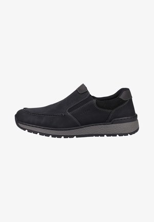 Scarpe slip-on nere in pelle con cuciture grigie a contrasto, colletto imbottito, suola in gomma e design della punta arrotondata.