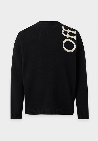 Pull noir manches longues avec poignets et ourlet côtelés, comportant un texte blanc brodé "Off" près de l'épaule gauche dans le dos.