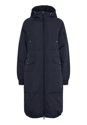 Gepolsterter dunkelblauer Mantel mit Kapuze, Frontreißverschluss und mehreren Taschen. Verfügt über gerippte Bündchen und ein knielanges Design, das Wärme bietet.