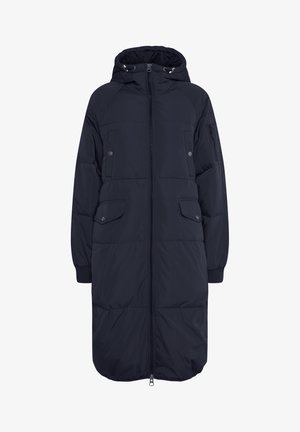 Padded navy coat with a hood, front zipper, and multiple pockets. Features ribbed cuffs and a knee-length design that provides warmth.