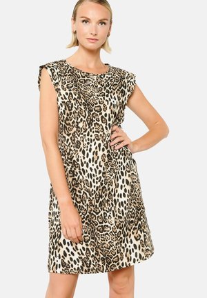 Ärmelloses Kleid im Leopardenmuster mit lockerer Passform, in Beige- und Brauntönen, aus leichtem Stoff und mit rundem Ausschnitt. Keine sichtbaren Verschlüsse.