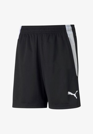 Schwarze Sportshorts mit einem elastischen Bund, ausgestattet mit weißen Mesh-Seiteneinsätzen und einem weißen Puma-Logo auf der unteren linken Seite.