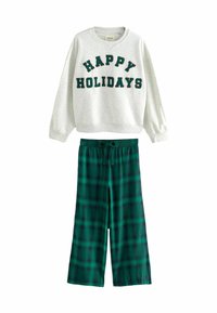 Grå sweatshirt med "GLAD HÖGTID" i mörkgröna bokstäver, parat med gröna rutiga pyjamasbyxor; båda gjorda av mjukt tyg med avslappnad passform.
