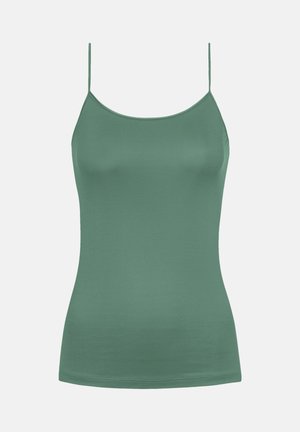 Groene, getailleerde cami-top met dunne bandjes en een gladde textuur. Ronde halslijn en minimalistisch ontwerp, geschikt voor layering of casual wear.