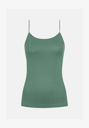 Green, fitted camisole top with thin straps and a smooth texture. Round neckline and minimalistic design, suitable for layering or casual wear.