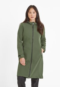 Green long coat made of soft, water-resistant material with a front zipper, hood, and side pockets; fitted cuffs with adjustable straps.
